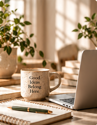 A mug reading Good Ideas Belong Here beside a notebook and laptop
