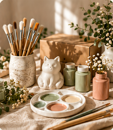 Paint brushes, ceramic figures, and pastel paints ready for a creative afternoon
