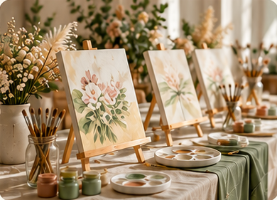 Floral paintings and supplies arranged for a group painting experience